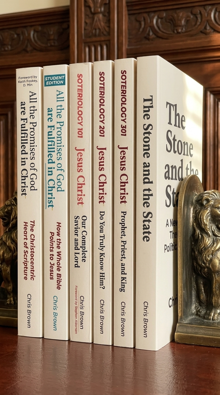 Build Your Faith Books theological series: All the Promises of God are Fulfilled in Christ, Soteriology 101, 201, and 301, and The Stone and the State by Chris Brown